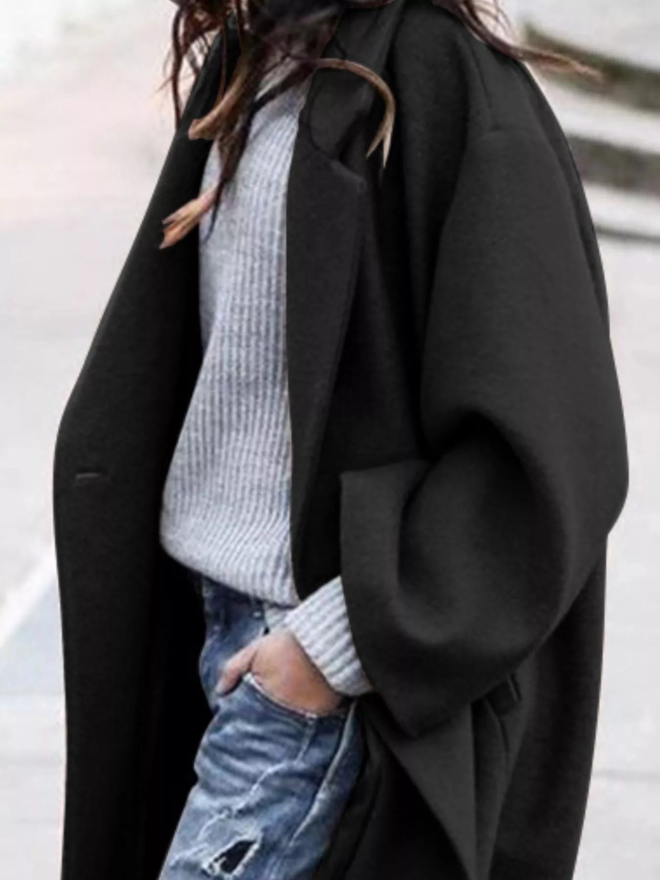 Black Full Size Wool Blend Longline Overcoat Plus Size