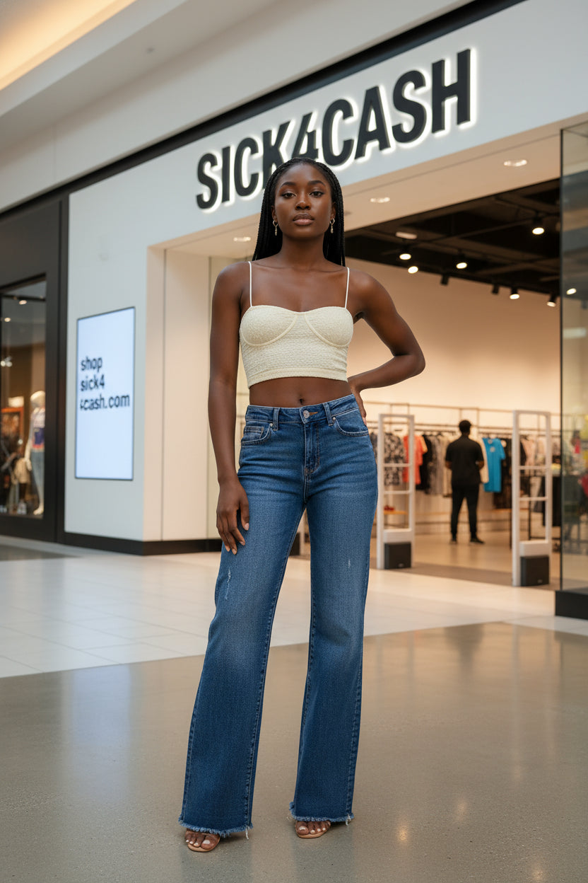 Woman wearing a beige crop top and blue jeans on a white background