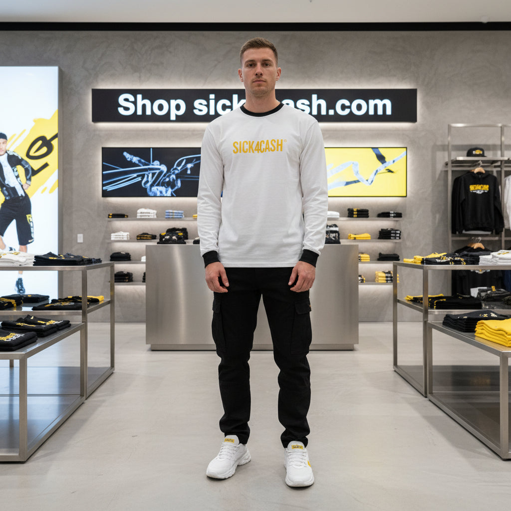 SICK4CASH long sleeve tee - size chart whit and black