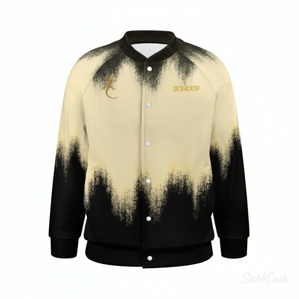 Sick4Cash Premium Varsity Jacket - S4C Sweater Cloth featuring a unique fade design in cream and black, stylish and comfortable.