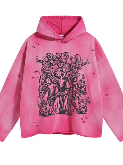 Men's Graphic Long Sleeve Hoodie in Destroy Rose Red featuring oversized fit and unique graphic design.
