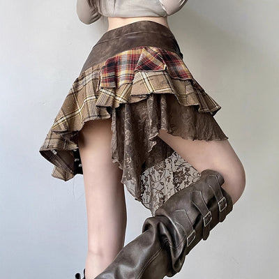 Wandering Girl Plaid-Spliced Lace Skirt