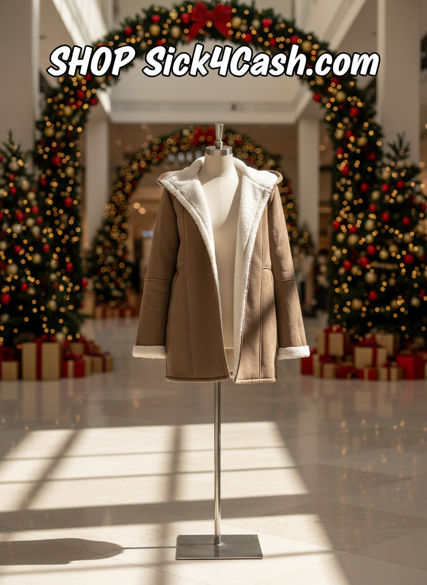 "Brown plus size toggle coat with sherpa lining - full length view"