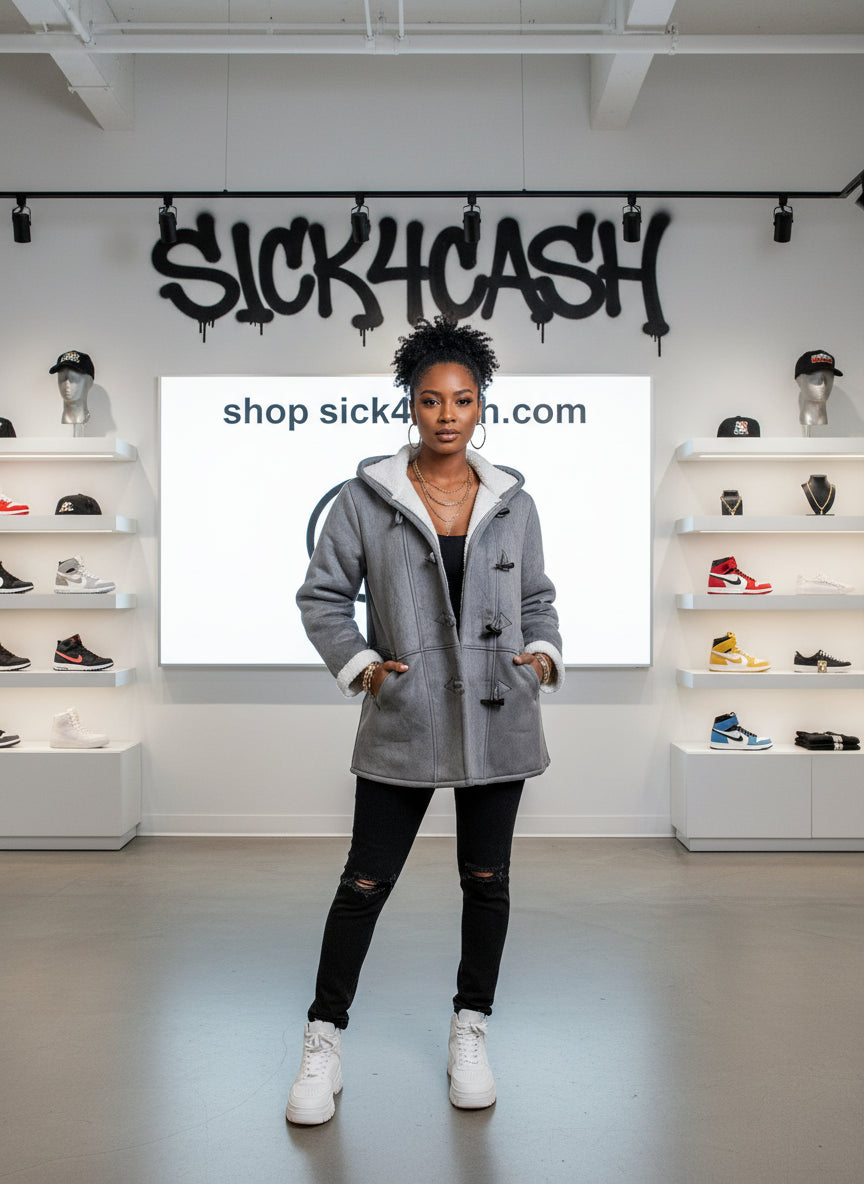 "Person wearing grey sherpa toggle coat with hood against concrete wall"