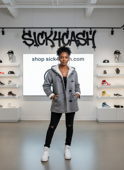 "Person wearing grey sherpa toggle coat with hood against concrete wall"