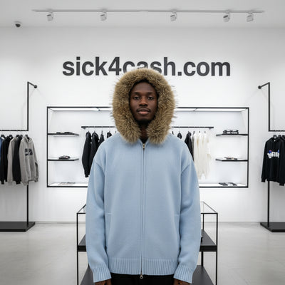 Sky blue bomber jacket with fur