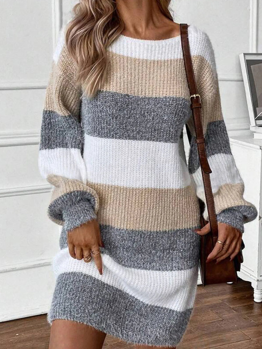 Women Color Block Long Sleeve Sweater Dress – Cozy Meets Statement Style