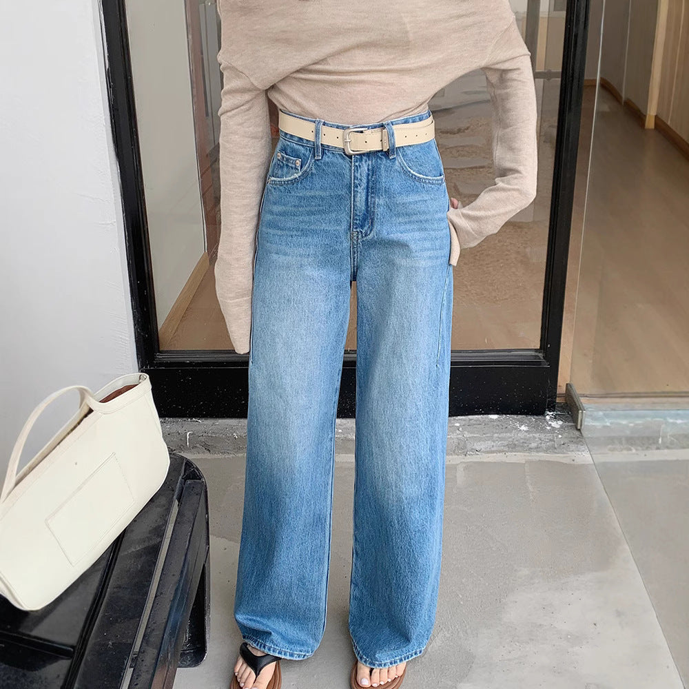 Korean Style Straight-Leg Jeans – High Waist Slimming Wide-Leg Denim for Pear-Shaped Women