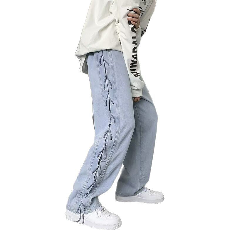 Strap Detail Wide-Leg Pants – Straight Tube Swagger, Slim Fit Flex