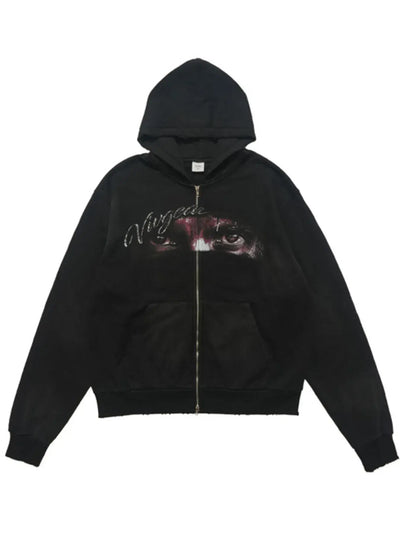 Men's Graphic Zip-Up Hoodie with Pockets, black with graphic design, comfortable and stylish.