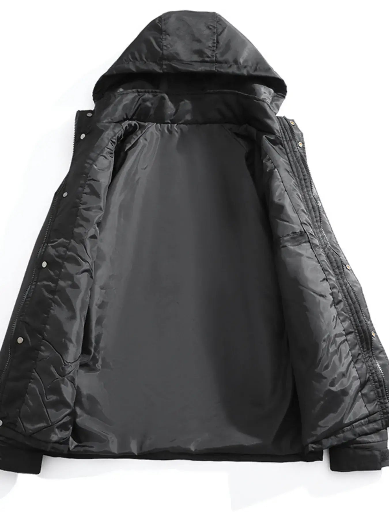 Men's Waterproof Windbreaker Hooded Tactical Jacket with open front and hood, showcasing the interior lining.