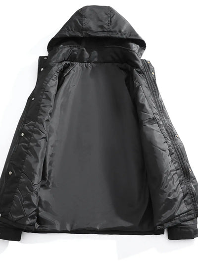 Men's Waterproof Windbreaker Hooded Tactical Jacket with open front and hood, showcasing the interior lining.