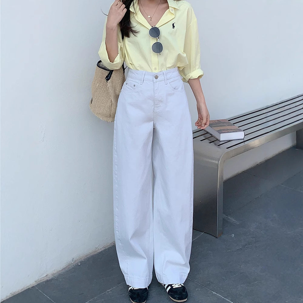 White Cotton Denim Pants – High-Waist Loose Wide-Leg Flare Trousers for Women