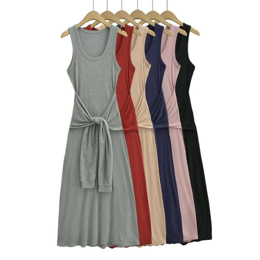 Women Cinched Waist Sleeveless Vest Dress – Layered Illusion, Sculpted Elegance