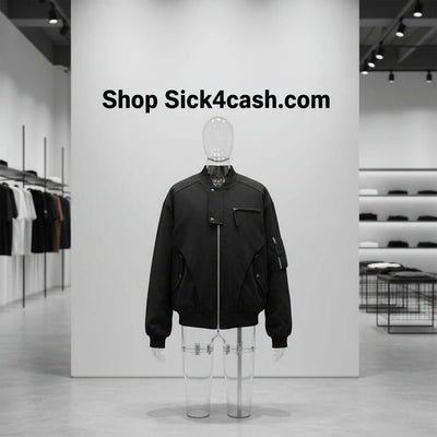 Pilot canvas short and wide jacket displayed on a mannequin in a modern retail setting.