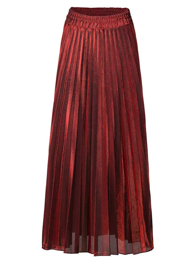 High-Waisted Metallic Pleated Maxi Skirt in Sophisticated Red with a relaxed fit and shiny pleated design.