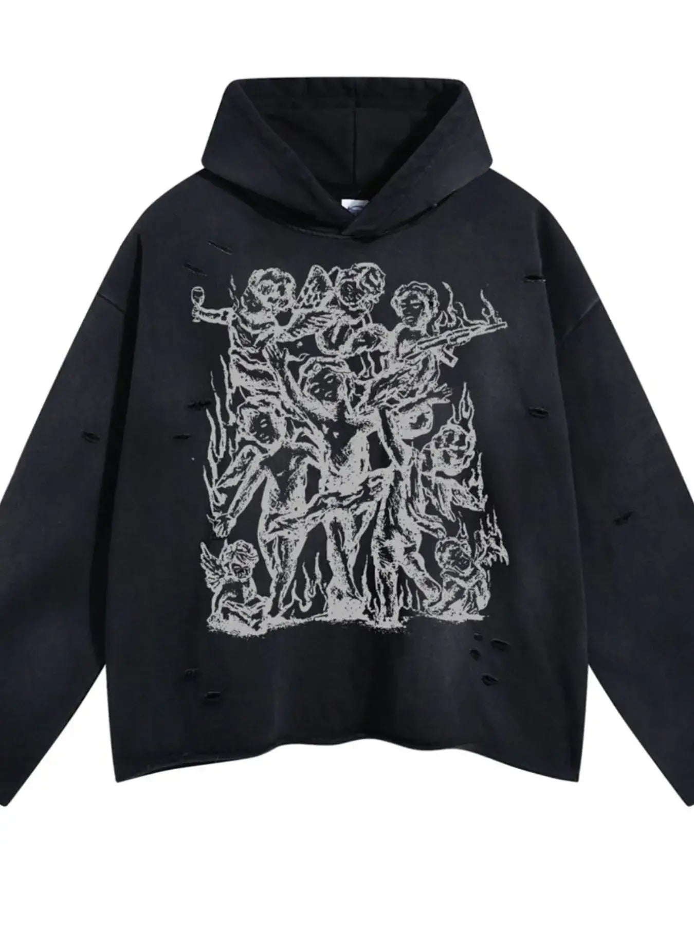 Men's Graphic Long Sleeve Hoodie in Destroy Black with artistic design and oversized fit.