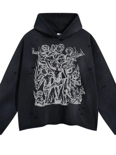 Men's Graphic Long Sleeve Hoodie in Destroy Black with artistic design and oversized fit.