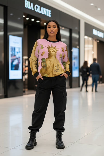 Person wearing a graphic sweater in a shopping mall
