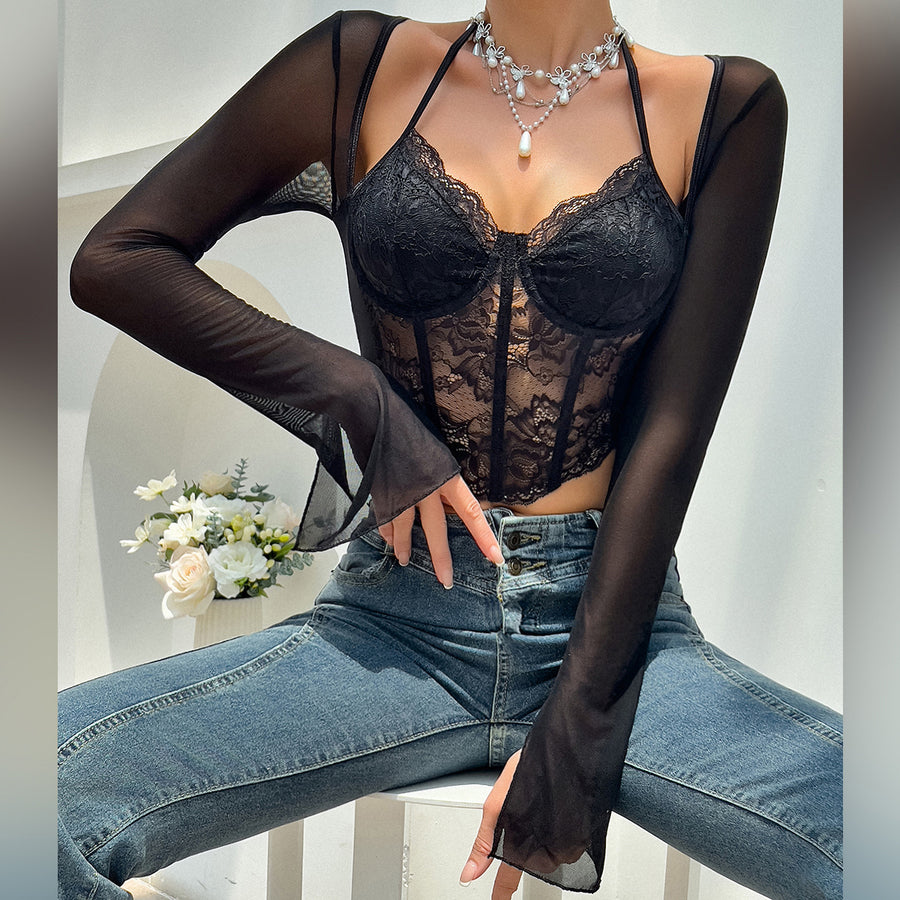 Lace Mesh Steel Ring Boned Shapewear Adjustable Strap Elegant Versatile Outerwear Women's Top