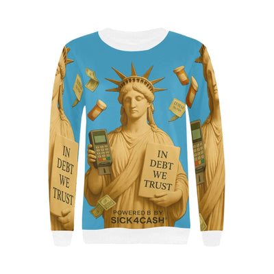 Sweatshirt with Statue of Liberty design and text on a blue background