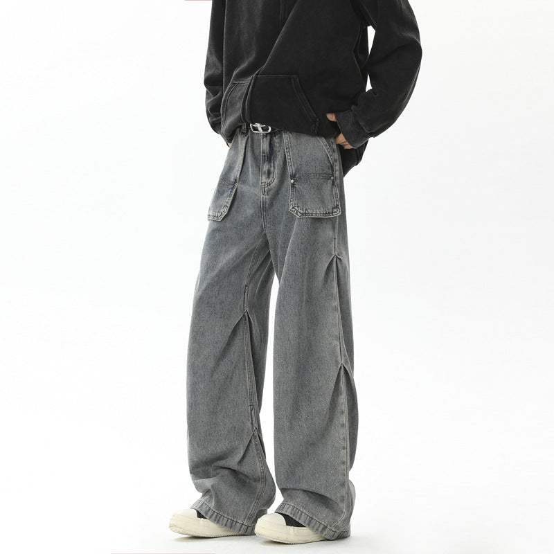 Men's Retro Pleated Washed Denim Jeans – Vintage Streetwear Revival