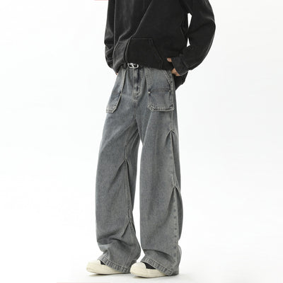 Retro pleated washed denim jeans for men