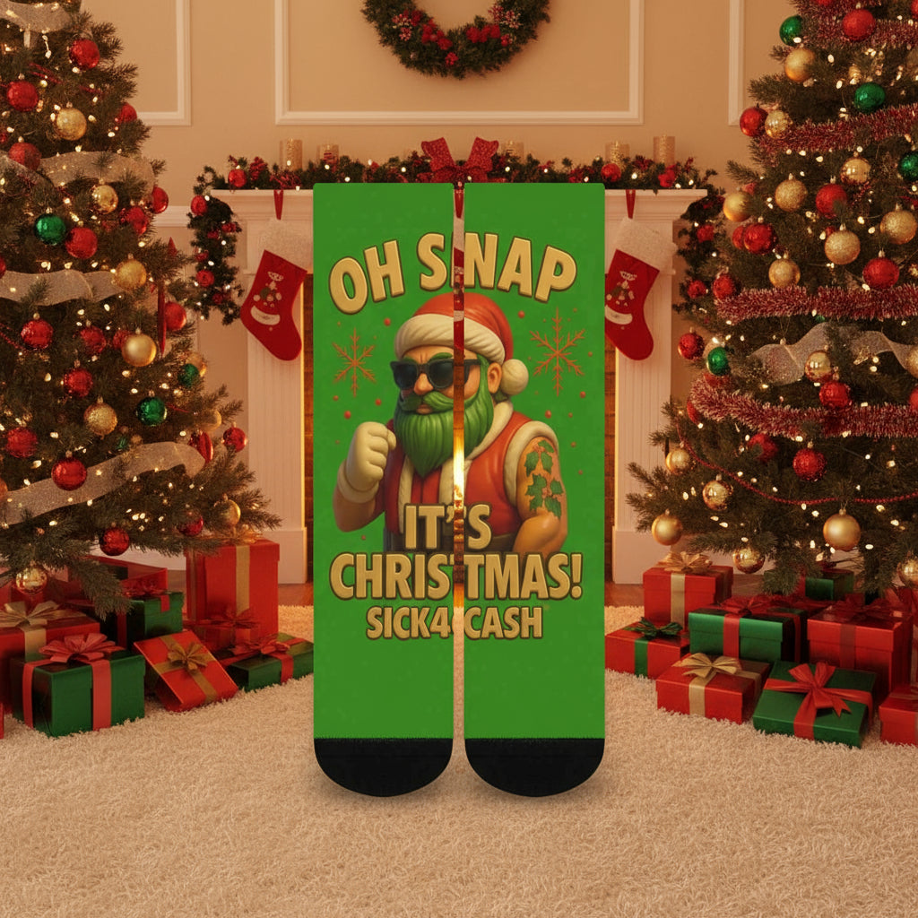 Socks with a cartoon character and text on a green background