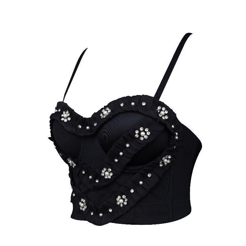 Women Rinestones and Diamond Lace Trim Bra