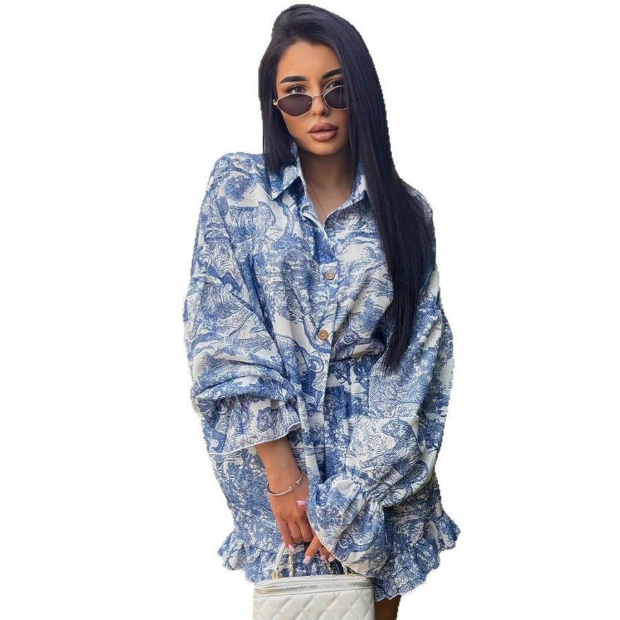 Women’s Ruffle Hem Two-Piece Set – Printed Long Sleeve Top + Casual Shorts