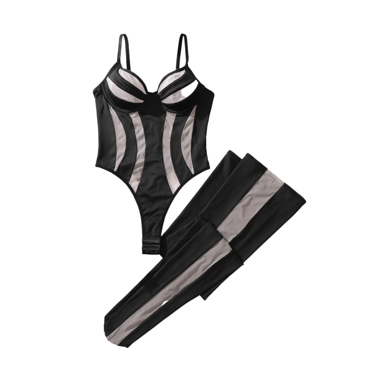 S4C Mesh see through jumpsuit sexy lingerie split set with stockings