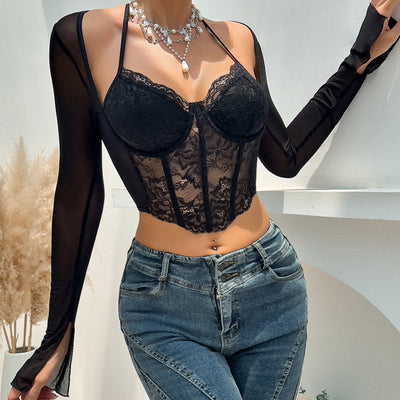 Lace Mesh Steel Ring Boned Shapewear Adjustable Strap Elegant Versatile Outerwear Women's Top