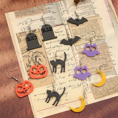 Halloween Series Geometric Ear Hooks Acrylic Bat Cat Owl Moon Pumpkin Earrings 6 Pairs