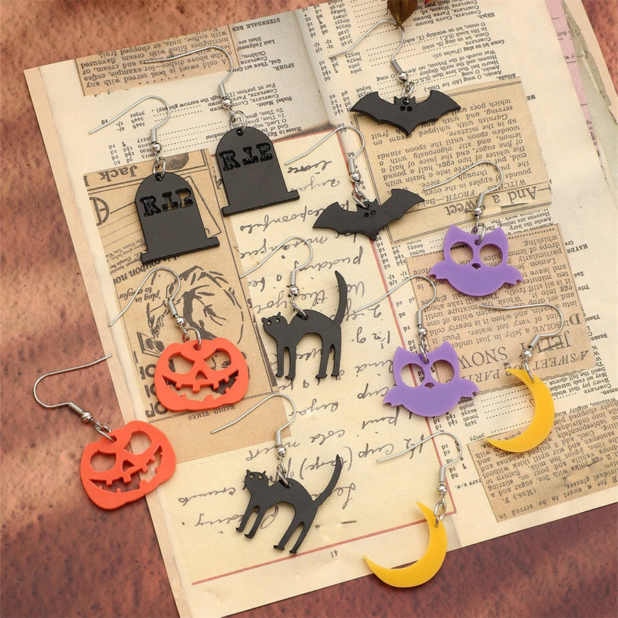 Halloween Series Geometric Ear Hooks Acrylic Bat Cat Owl Moon Pumpkin Earrings 6 Pairs