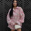 Women's Comfortable Casual Ruffle Hem Printed Notched Collar Long Sleeve Shorts Two-Piece Set