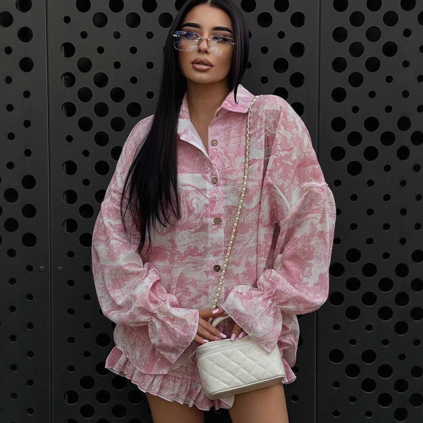 Women’s Ruffle Hem Two-Piece Set – Printed Long Sleeve Top + Casual Shorts