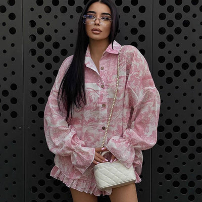 Women's Comfortable Casual Ruffle Hem Printed Notched Collar Long Sleeve Shorts Two-Piece Set