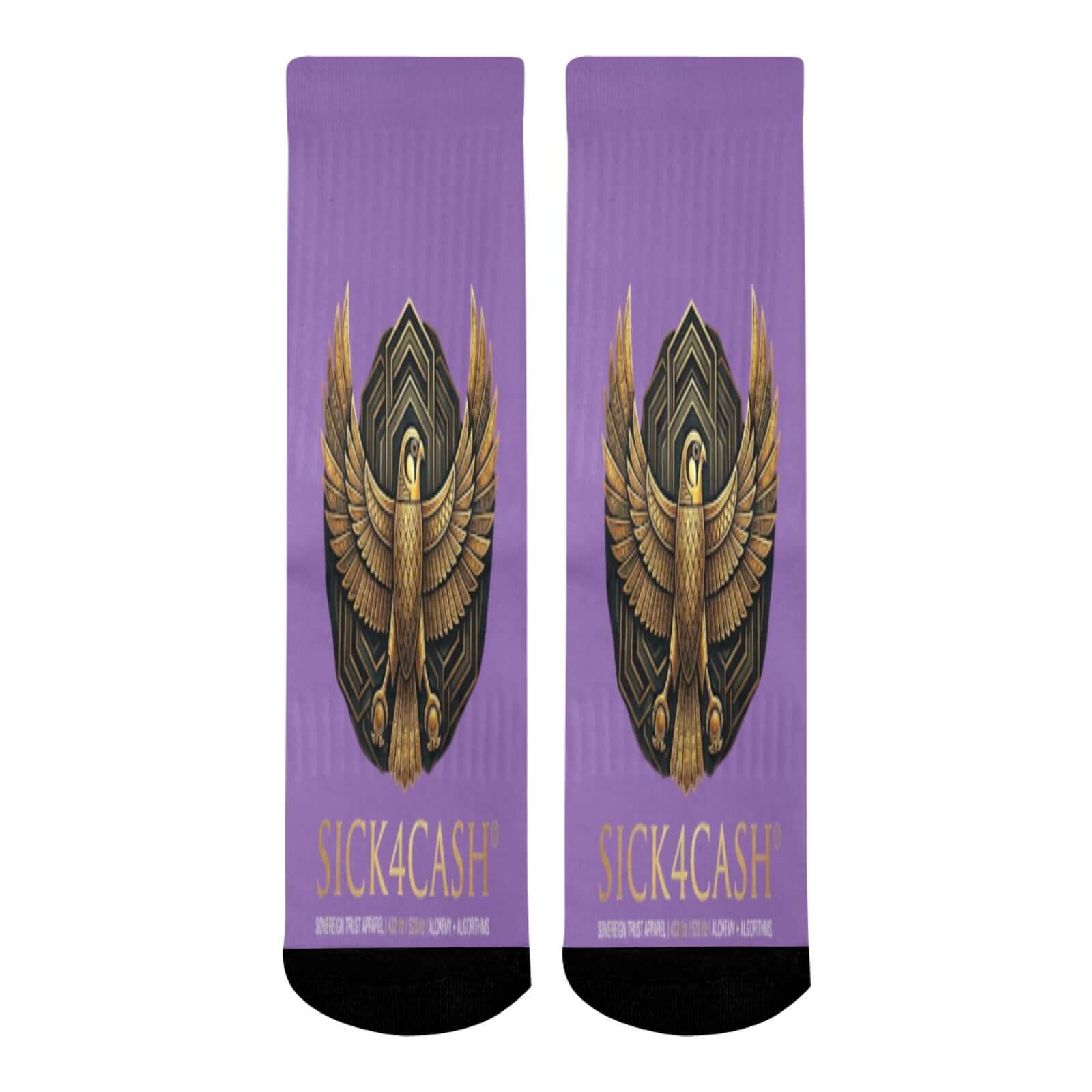 Mid-Calf Socks (Black Bottom) by SICK4CASH® featuring bold eagle print on a purple background and solid black bottom.