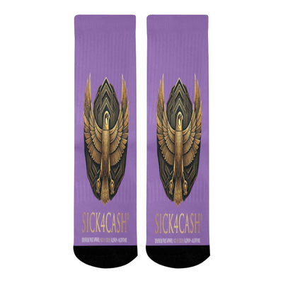 Mid-Calf Socks (Black Bottom) by SICK4CASH® featuring bold eagle print on a purple background and solid black bottom.