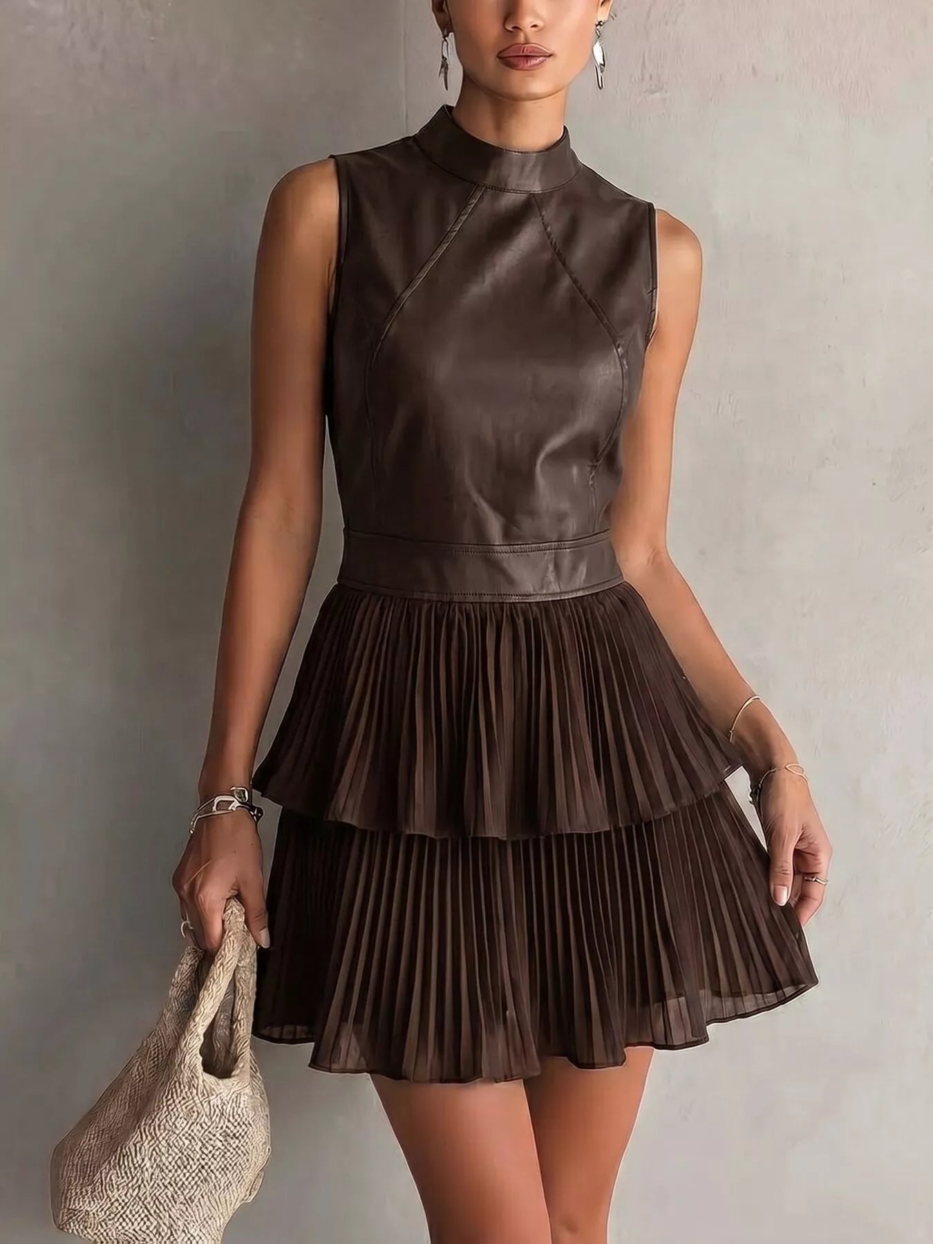 Sleeveless Faux Leather Look Pleated Mini Dress in brown with layered pleats and seam detailing, perfect for a chic outfit.