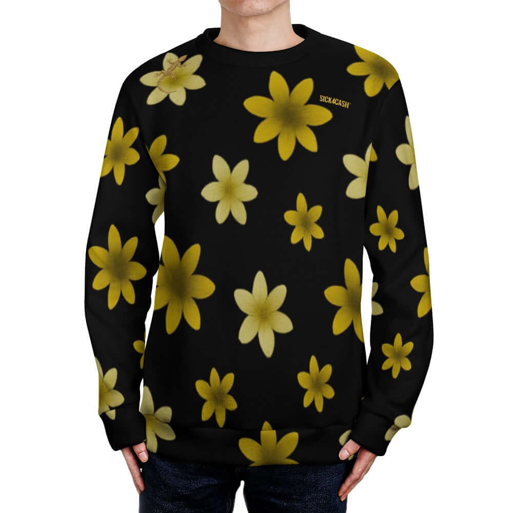 Men's Crew Neck Sweater with yellow flower design on black background, stylish and breathable fabric.