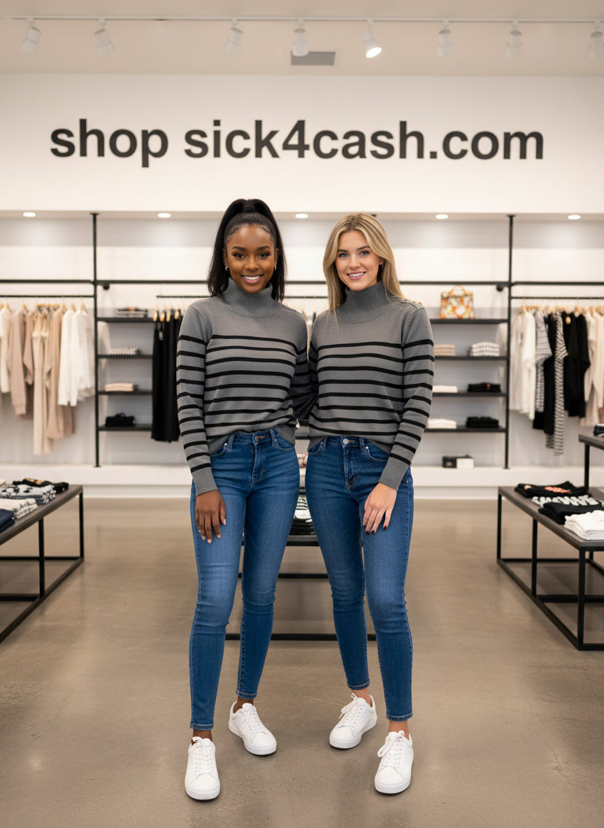 Gray and black striped sweater with a neutral background