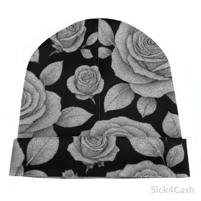 SICK4CASH Rose Full-Print Knitted Beanie featuring a stylish rose pattern on a black background.