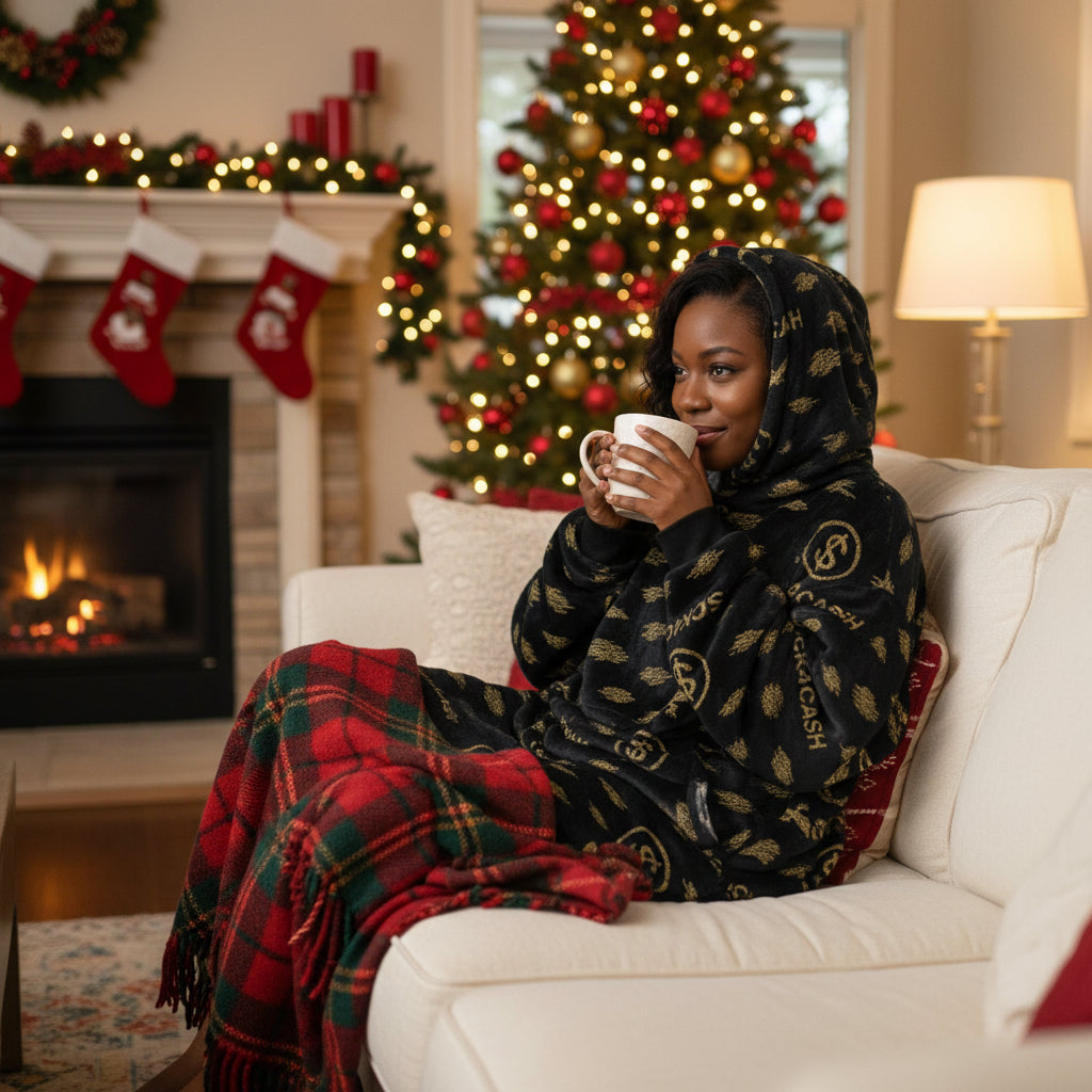 Woman sitting on a couch in a cozy living room with a Christmas tree and fireplace.