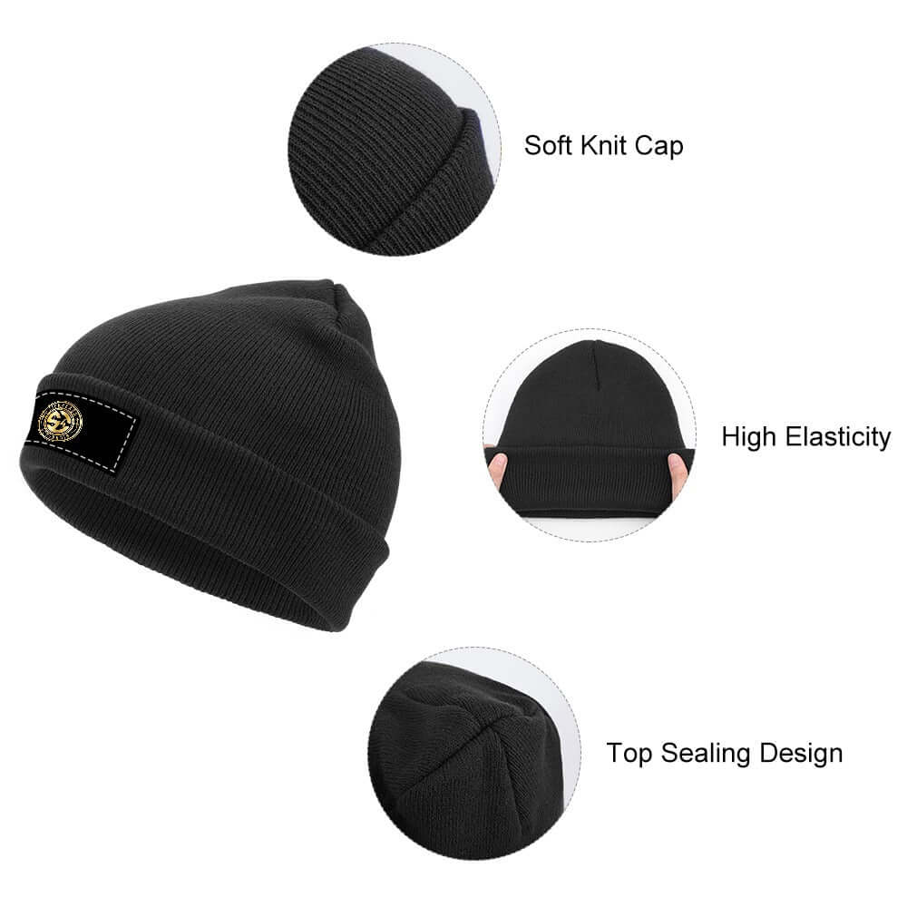 Black knit cap with features highlighted on a white background