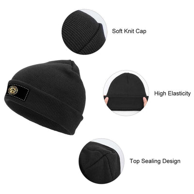 Black knit cap with features highlighted on a white background