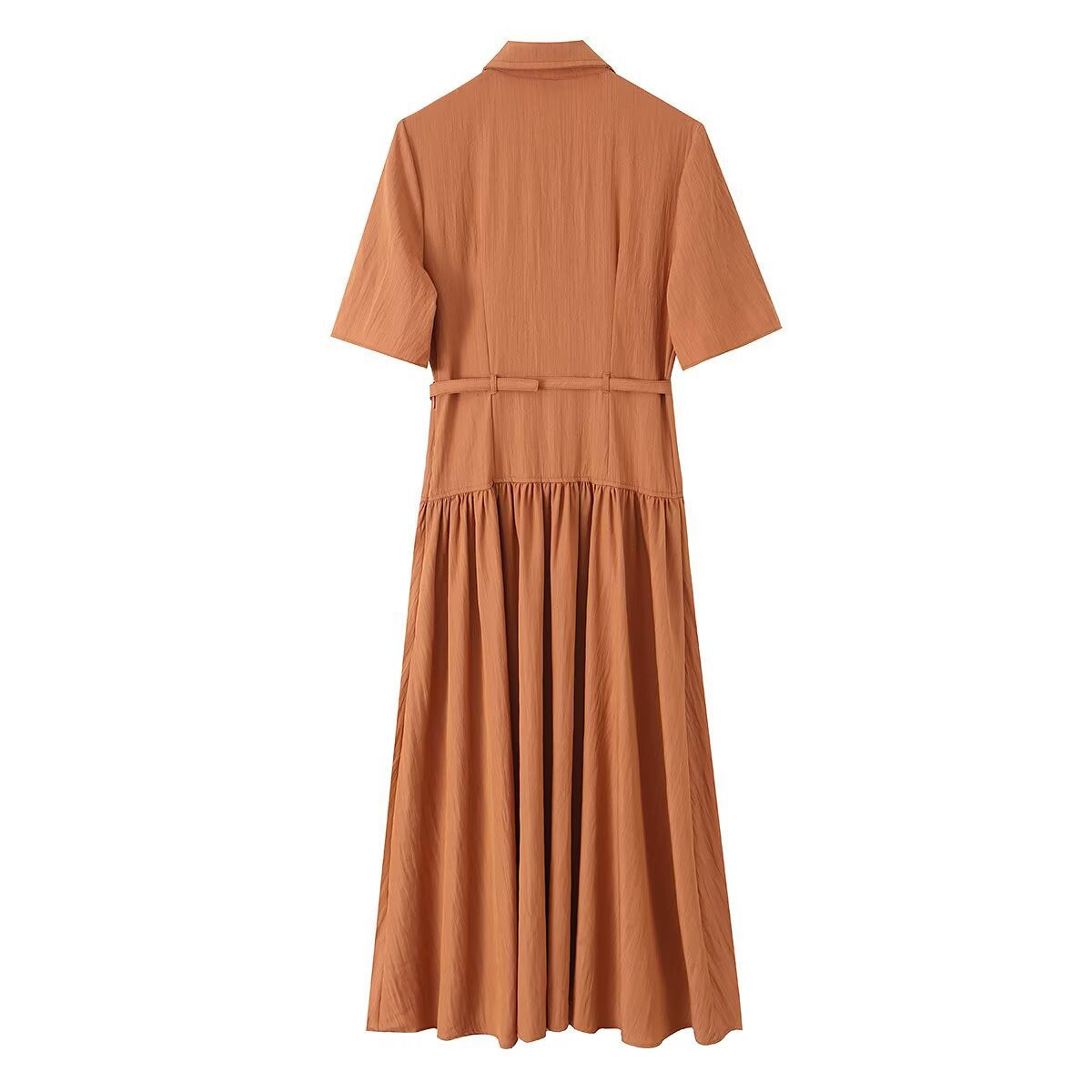 Commuting style belt waist cinching big swing shirt dress