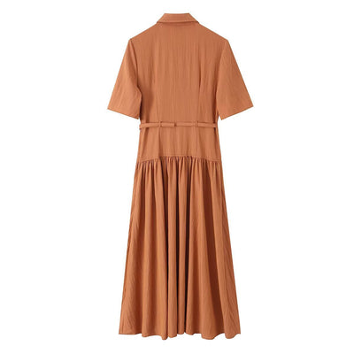 Commuting style belt waist cinching big swing shirt dress
