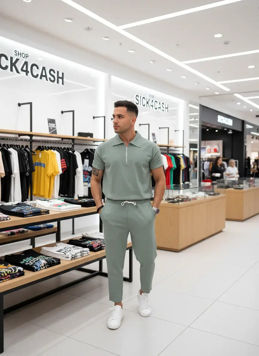 Person wearing a gray polo shirt and pants set against a light blue wall.