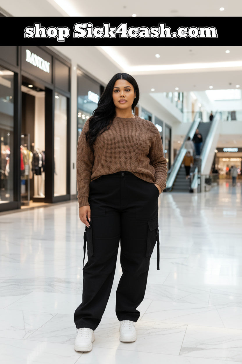 Woman wearing a brown sweater and denim shorts against a gray wall.